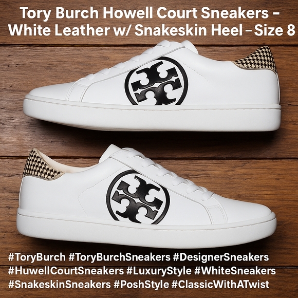 Tory Burch Howell Court Sneakers – White Leather w/ Snakeskin Heel